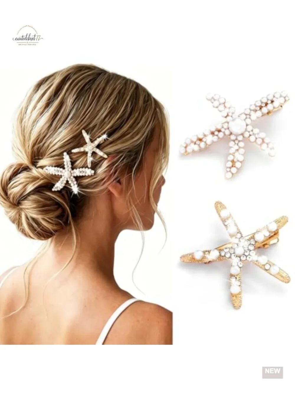 Starfish Hair Clips, Pearl Crystal Rhinestone Starfish Barrettes, Bridal Hair